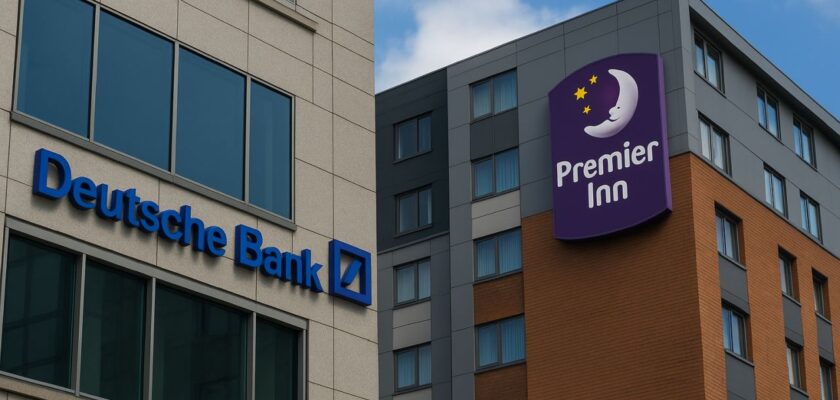 A sinistra un edificio con la scritta Deutsche Bank e a destra uno con la scritta Premier Inn