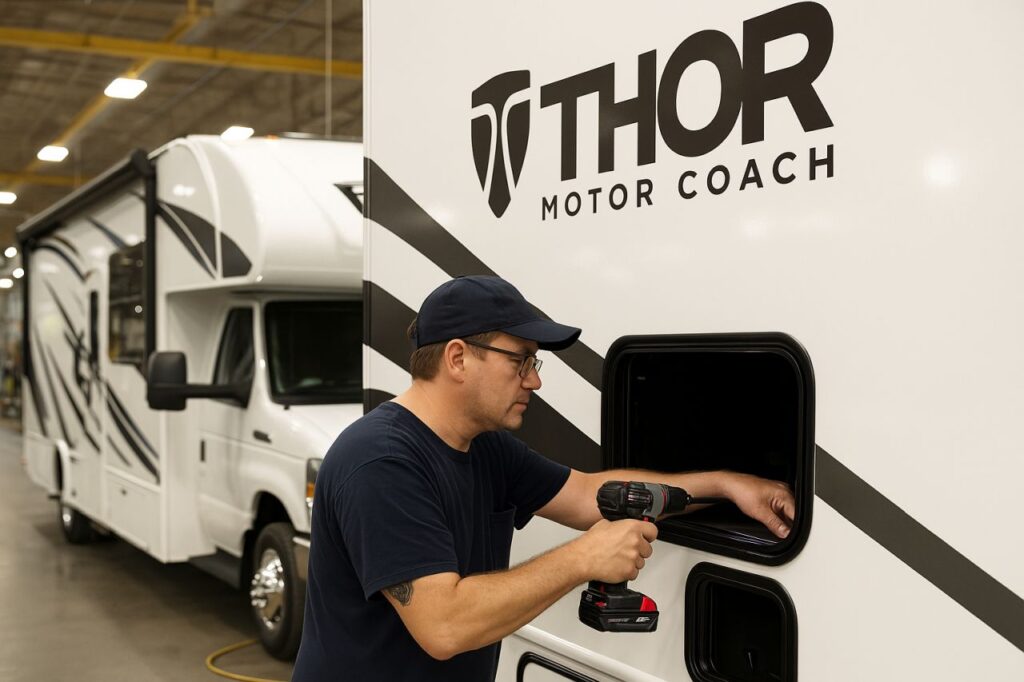 Un operaio con un trapano in mano e alcuni camper con il logo Thor