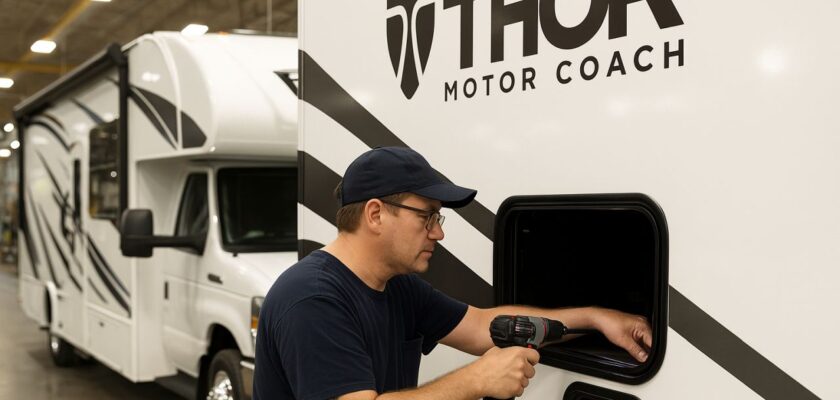 Un operaio con un trapano in mano e alcuni camper con il logo Thor