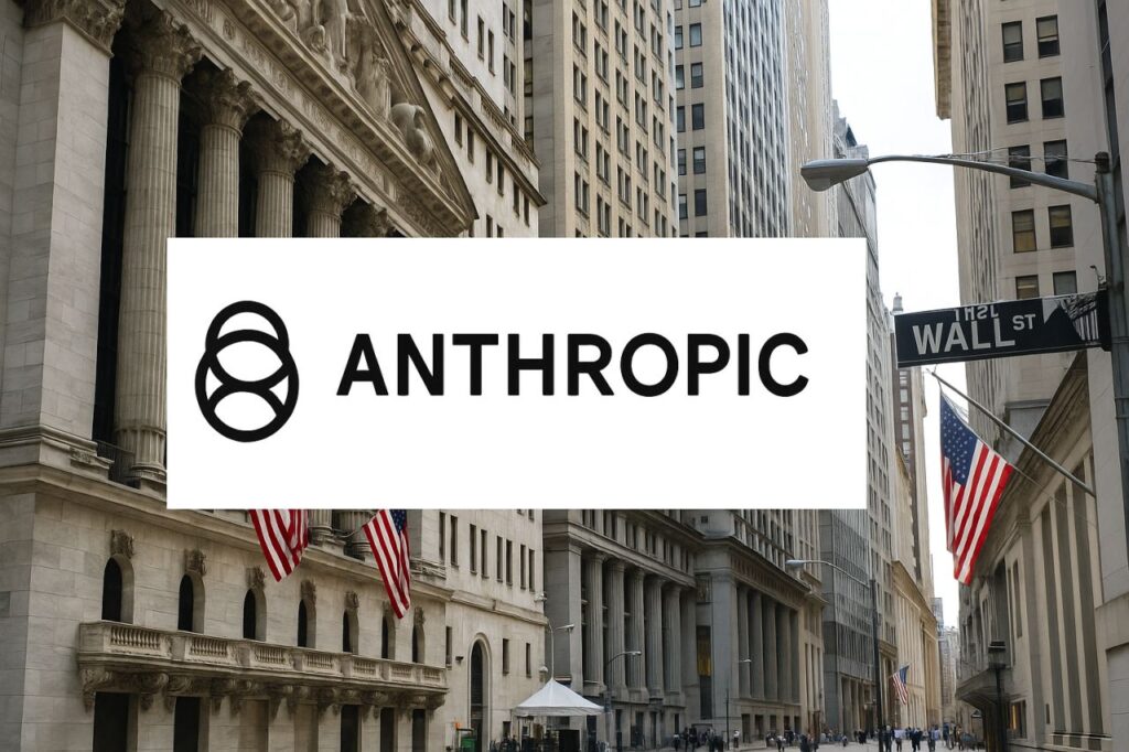 Uno scorcio di Wall Street e in sovrimpressione la scritta Anthropic con il relativo logo su banda bianca