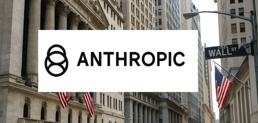 Uno scorcio di Wall Street e in sovrimpressione la scritta Anthropic con il relativo logo su banda bianca