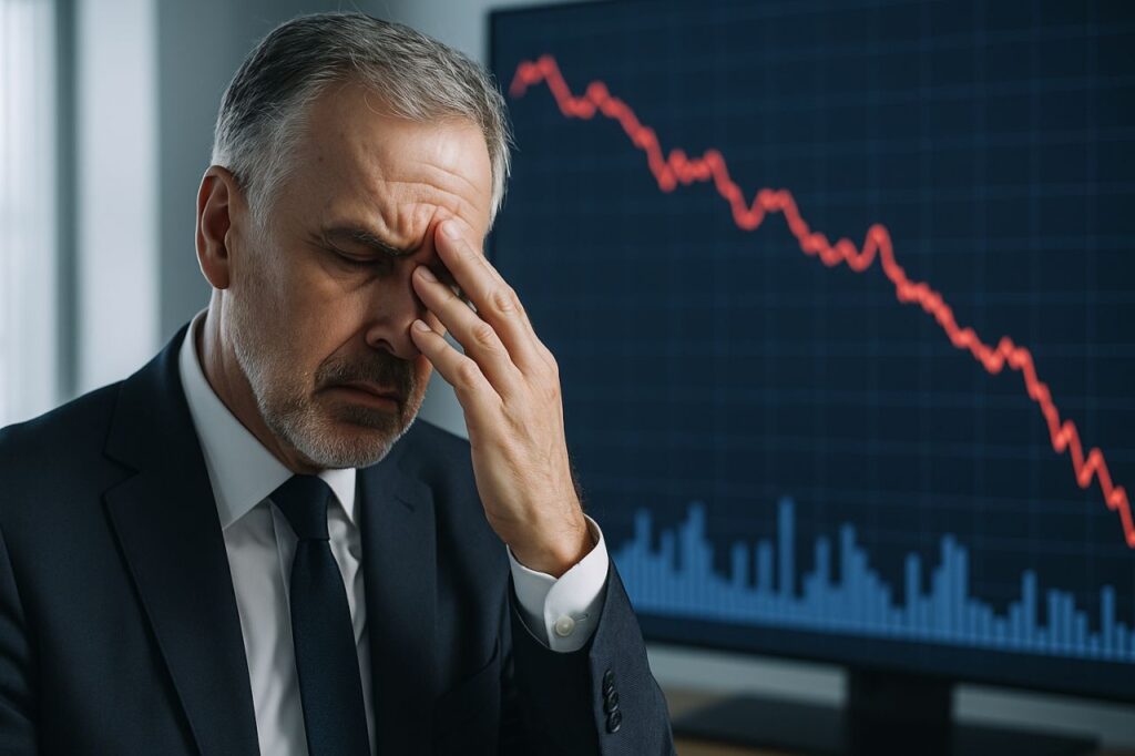 Primo piano di un investitore con la mano sulla fronte. Sullo sfondo un grafico finanziario in discesa