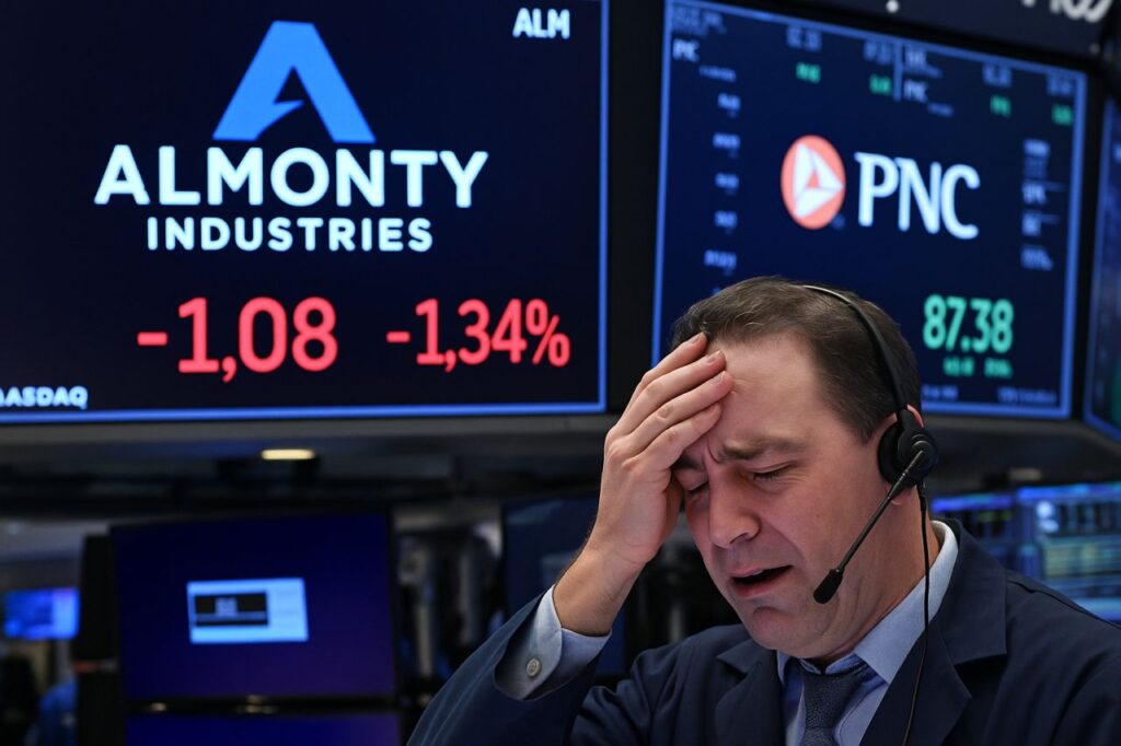 Un investitore con la mano sulla fronte in una sala di Borsa. Sullo sfondo logo e scritta Almonty
