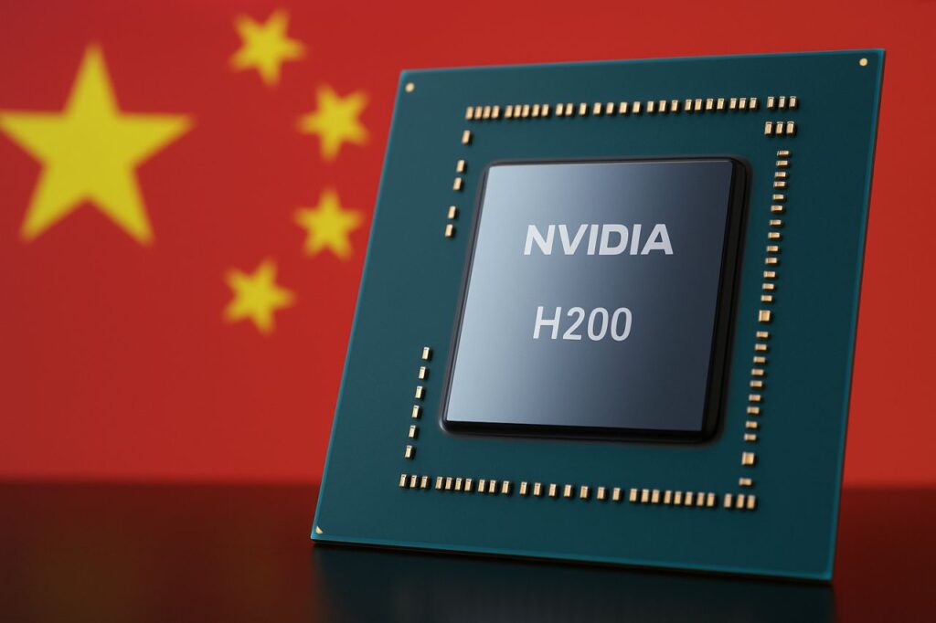 Un chip marchiato Nvidia con la bandiera della Cina sullo sfondo