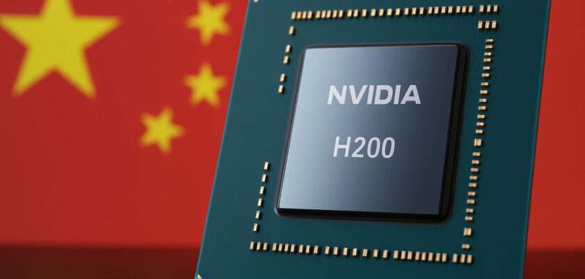 Un chip marchiato Nvidia con la bandiera della Cina sullo sfondo
