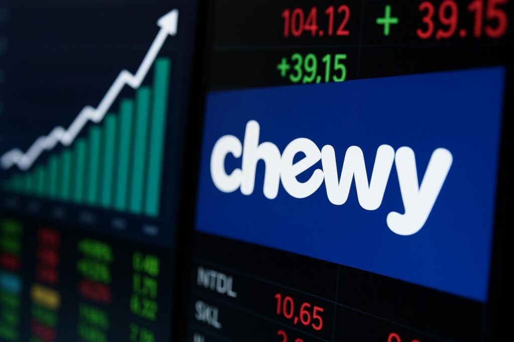 Uno schermo con la scritta Chewy e dei grafici finanziari intorno