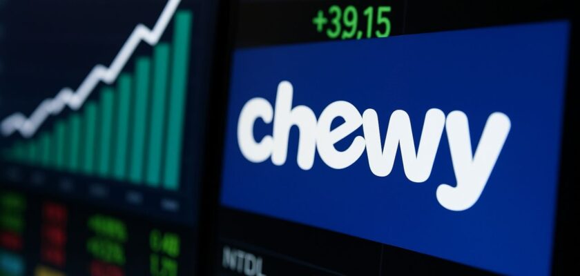 Uno schermo con la scritta Chewy e dei grafici finanziari intorno