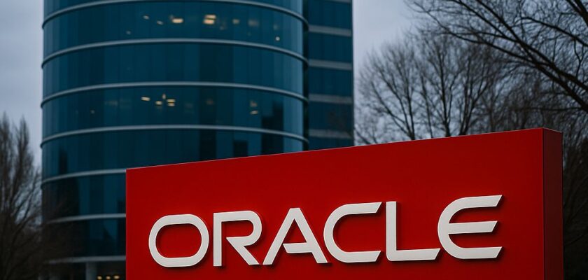 La scritta Oracle su un totem pubblicitario orizzontale. Sullo sfondo un moderno grattacielo