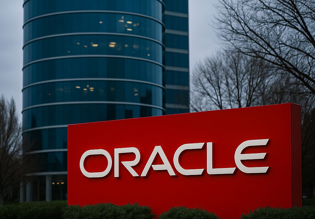 La scritta Oracle su un totem pubblicitario orizzontale. Sullo sfondo un moderno grattacielo