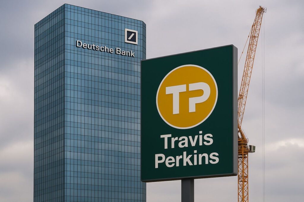 Logo e scritta Travis Perkins su un cartello. Sullo sfondo un grattacielo con la scritta e il logo Deutsche Bank