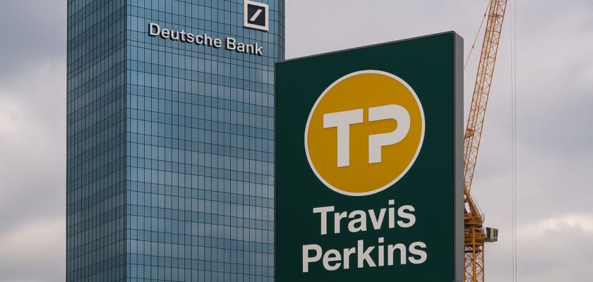 Logo e scritta Travis Perkins su un cartello. Sullo sfondo un grattacielo con la scritta e il logo Deutsche Bank