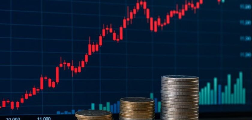 Un grafico a candele con delle monetine su una banconota da 20 euro