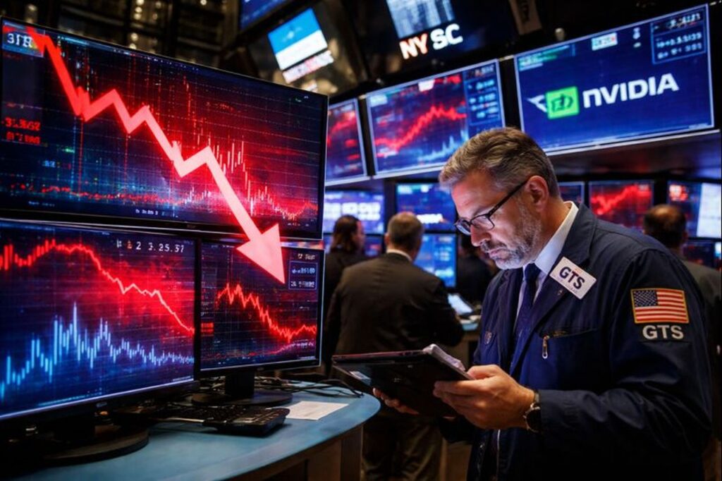 Una sala di Borsa piena di schermi con grafici finanziari