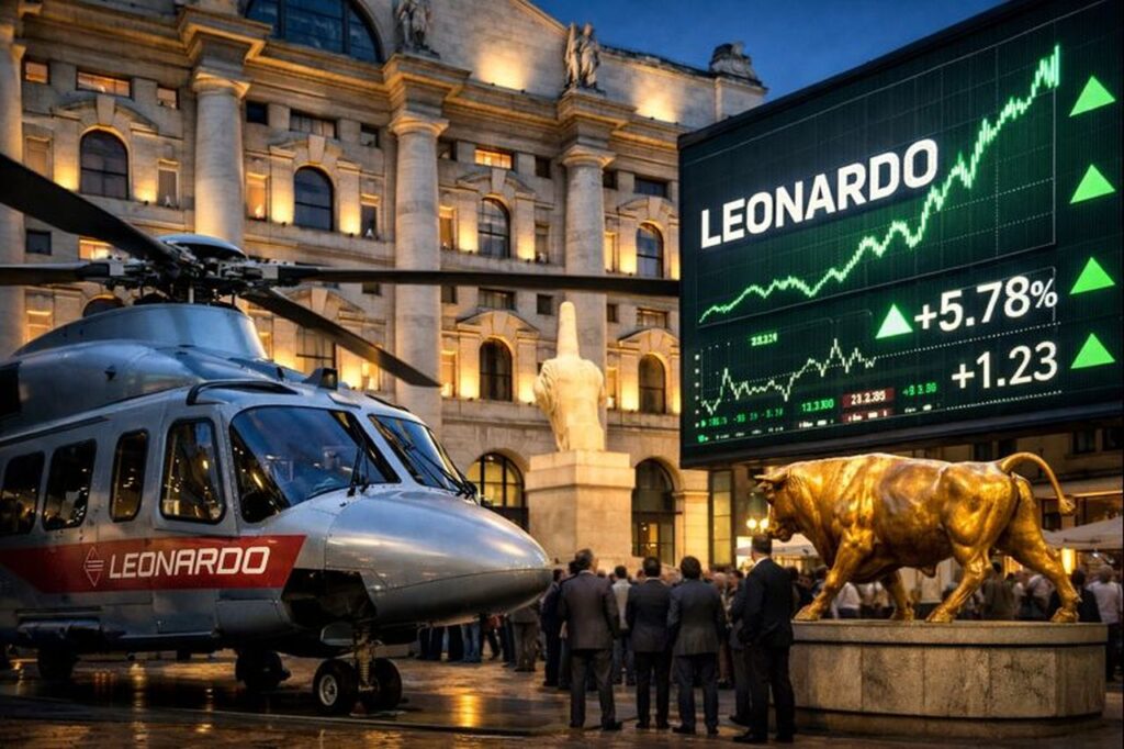 Un elicottero con la scritta Leonardo davanti alla Borsa di Milano. Accanto ad esso uno schermo con l'andamento del titolo