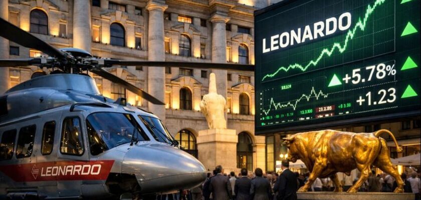 Un elicottero con la scritta Leonardo davanti alla Borsa di Milano. Accanto ad esso uno schermo con l'andamento del titolo