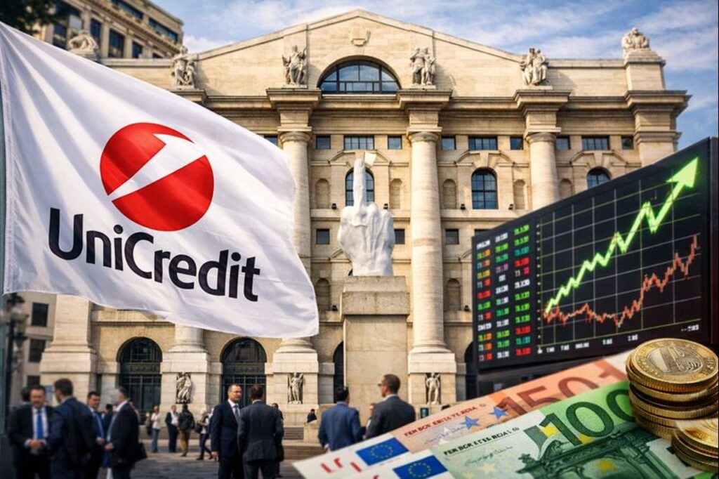 Una bandiera con il simbolo di Unicredit che sventola davanti al palazzo della Borsa di Milano
