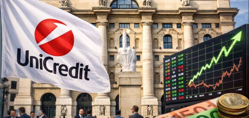 Una bandiera con il simbolo di Unicredit che sventola davanti al palazzo della Borsa di Milano