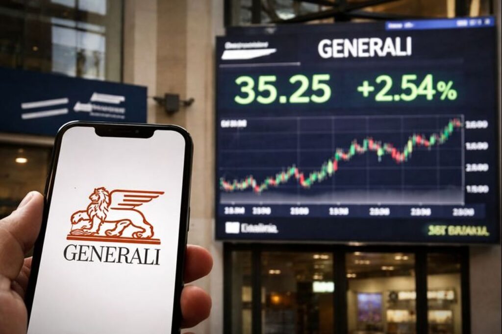 Un dispositivo mobile in primo piano, con il logo Generali sullo schermo. Sullo sfondo un tabellone con l'andamento del titolo