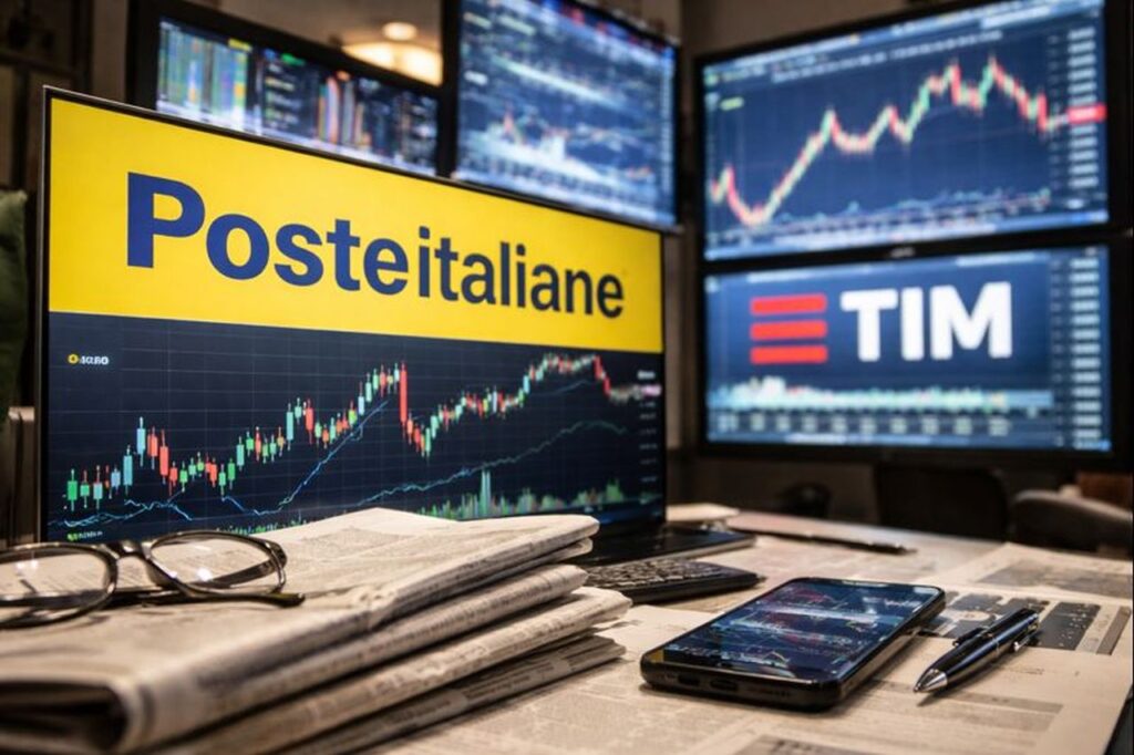 La scritta Poste Italiane in primo piano. Grafici finanziari su alcuni schermi sullo sfondo
