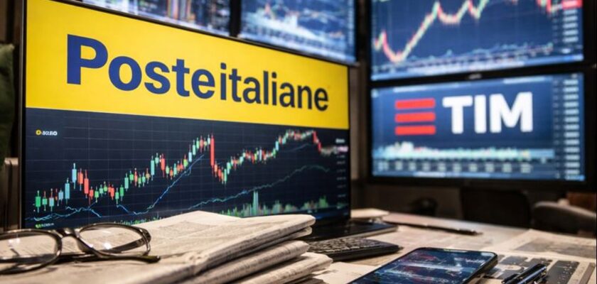 La scritta Poste Italiane in primo piano. Grafici finanziari su alcuni schermi sullo sfondo