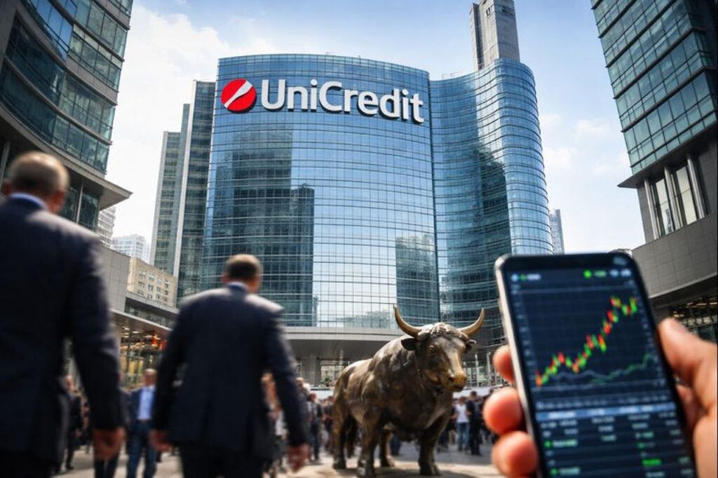 Alcune persone in strada e un palazzo con la scritta Unicredit in cima