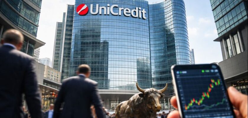 Alcune persone in strada e un palazzo con la scritta Unicredit in cima