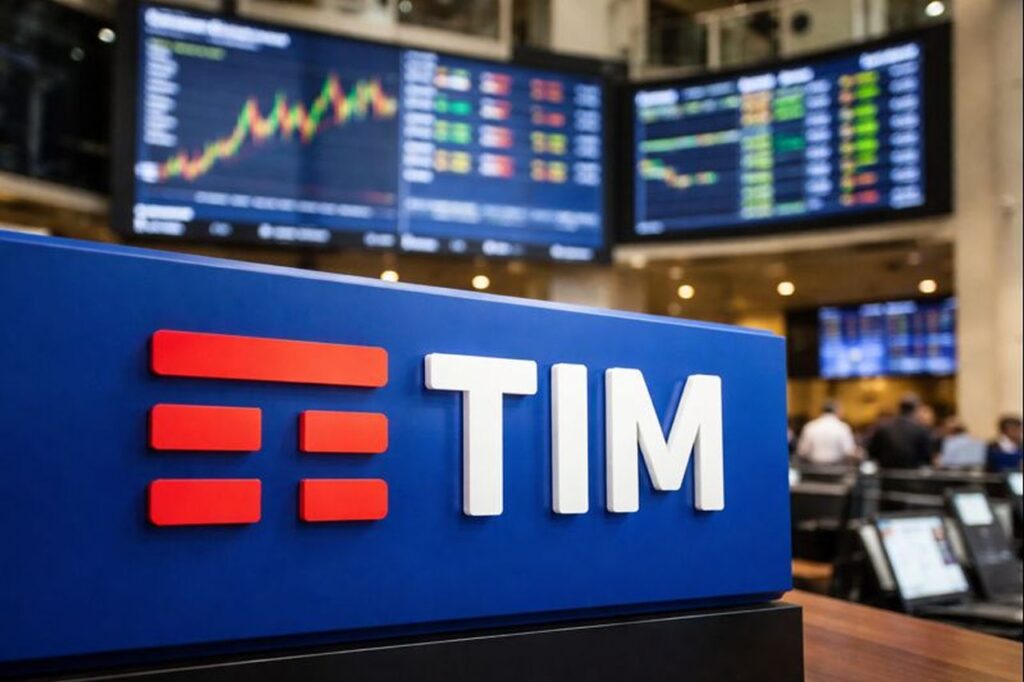 Logo TIM in primo piano con degli schermi sullo sfondo che mostrano dei grafici finanziari