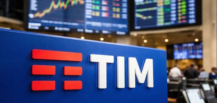 Logo TIM in primo piano con degli schermi sullo sfondo che mostrano dei grafici finanziari