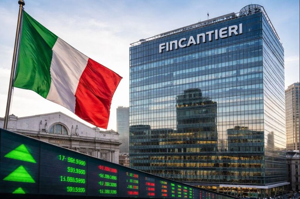 Un palazzo con la scritta Fincantieri in cima e la bandiera dell'Italia in primo piano