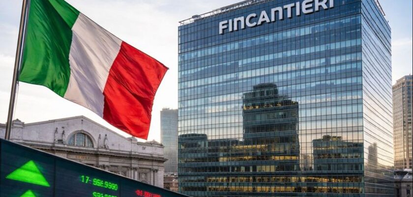 Un palazzo con la scritta Fincantieri in cima e la bandiera dell'Italia in primo piano