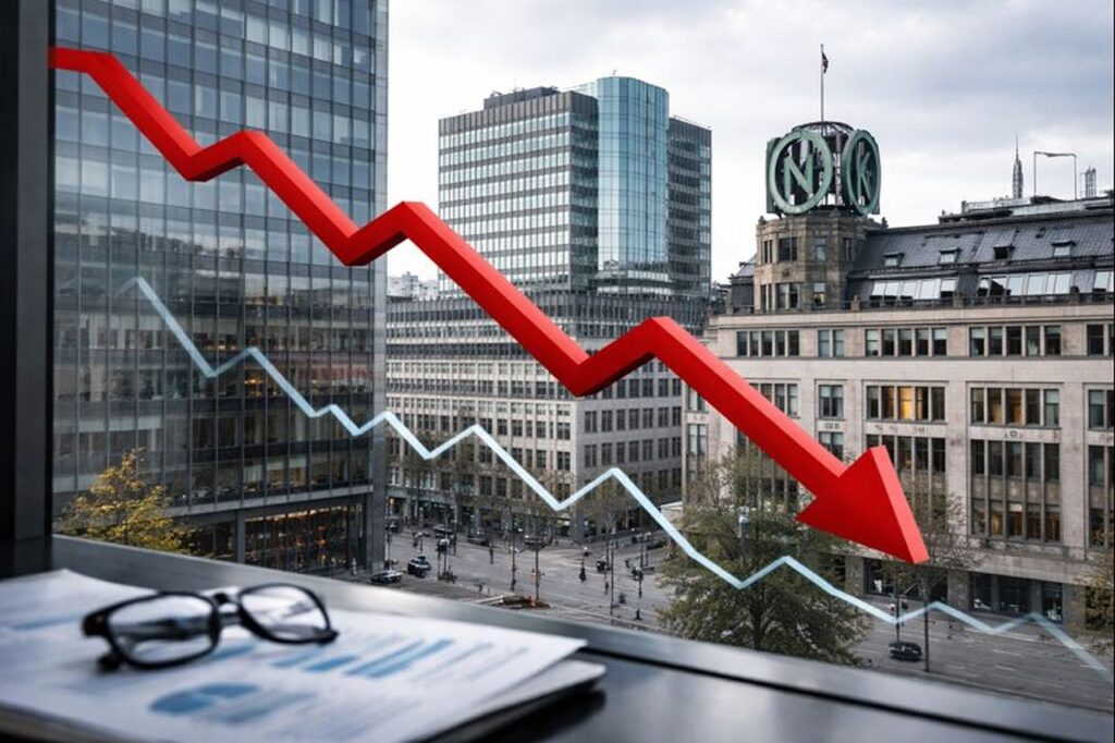 Una freccia verso il basso in primo piano con una metropoli sullo sfondo