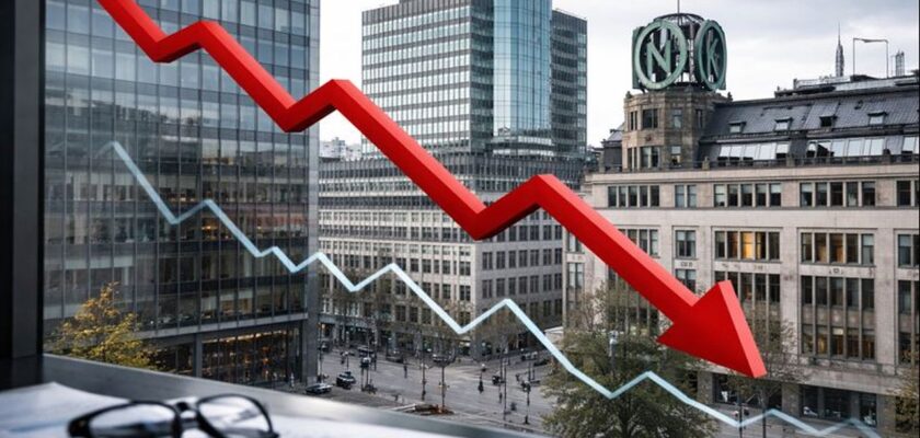 Una freccia verso il basso in primo piano con una metropoli sullo sfondo