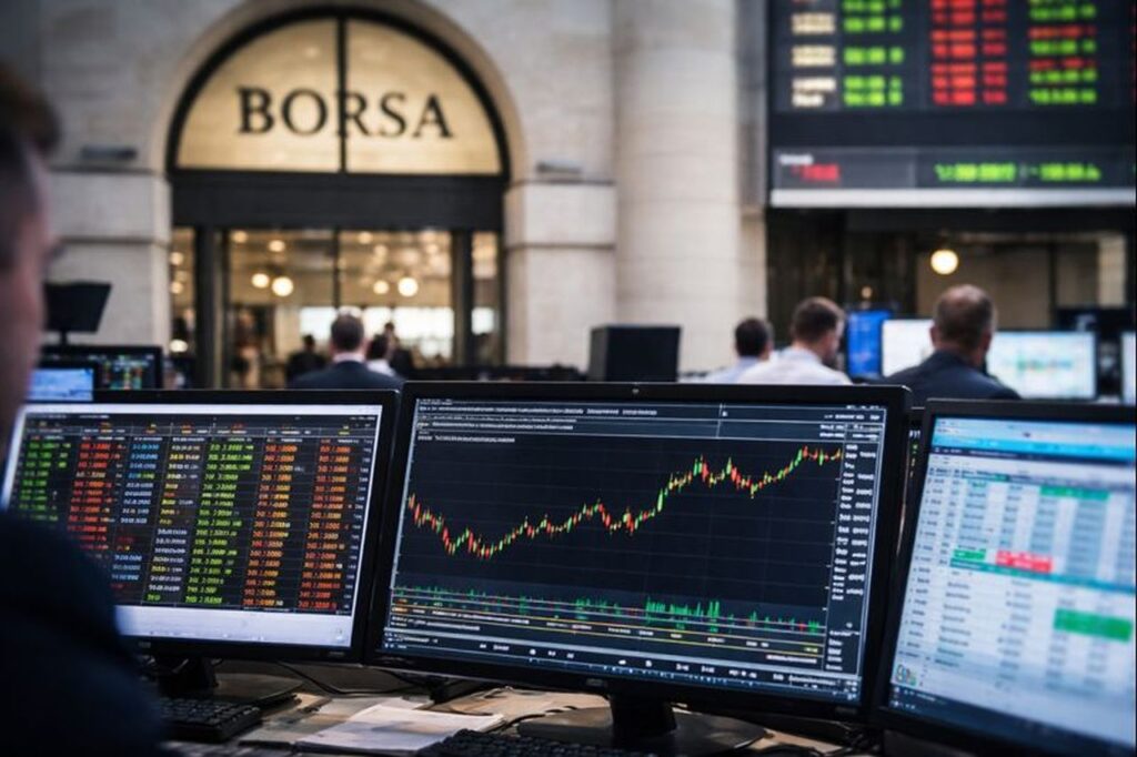 Lo schermo di un pc con dei grafici finanziari. Sullo sfondo l'ingresso di un edificio con la scritta Borsa