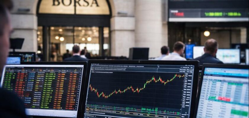 Lo schermo di un pc con dei grafici finanziari. Sullo sfondo l'ingresso di un edificio con la scritta Borsa