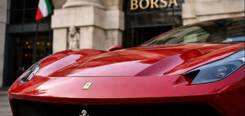 Una Ferrari davanti all'ingresso della Borsa di Milano