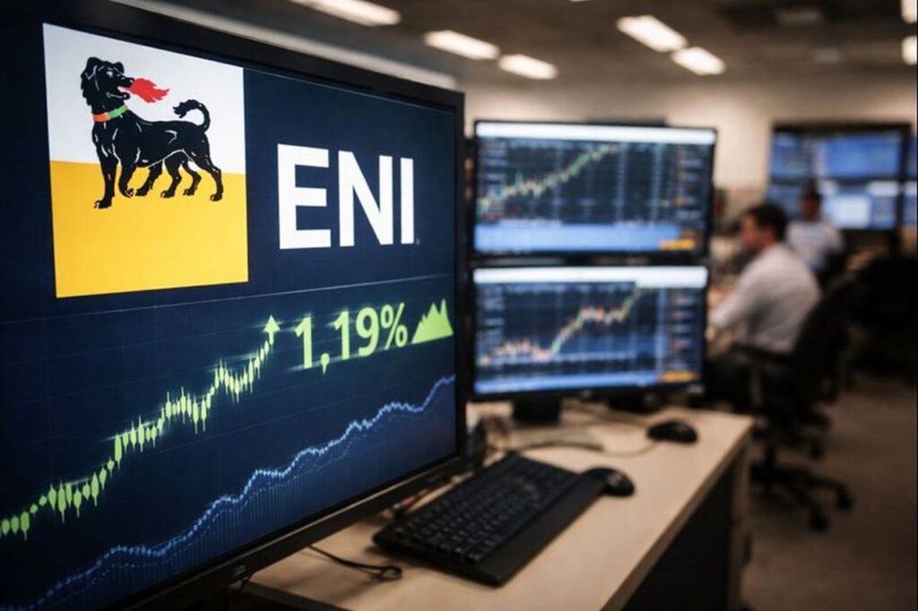 Uno schermo con logo e scritta Eni e un grafico finanziario