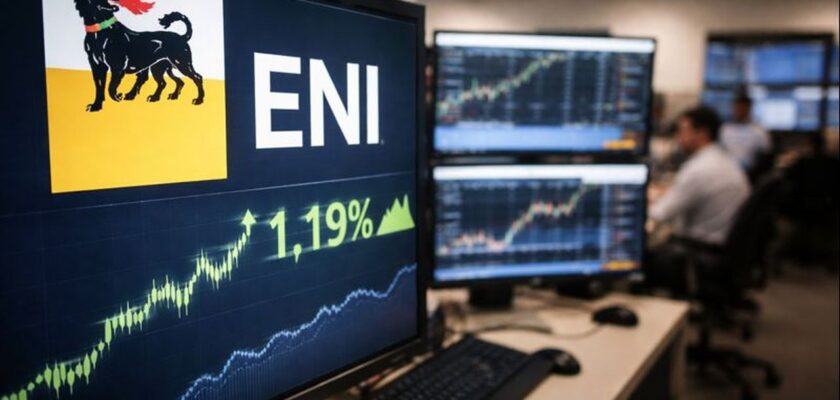 Uno schermo con logo e scritta Eni e un grafico finanziario