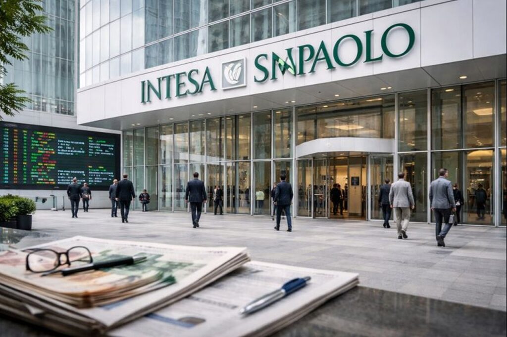 Un palazzo con la scritta Intesa Sanpaolo in grande sulla vetrata d'ingresso