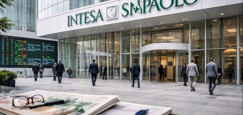 Un palazzo con la scritta Intesa Sanpaolo in grande sulla vetrata d'ingresso