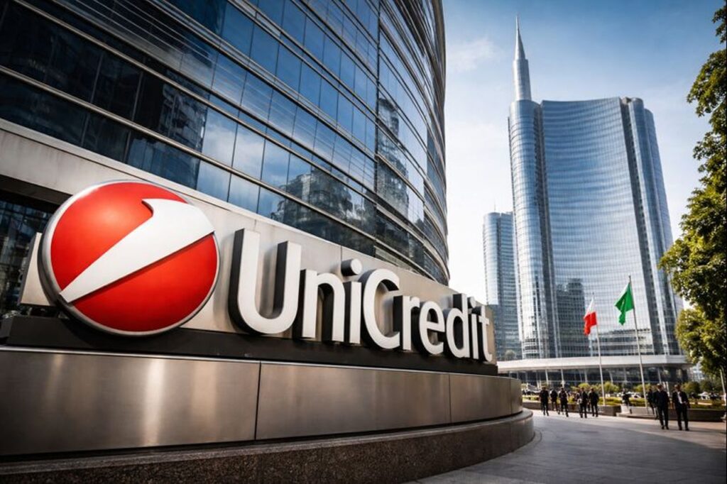 Un edificio con una grande vetrata e logo e scritta Unicredit alla base