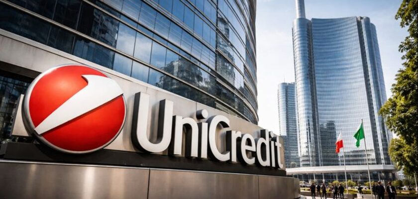 Un edificio con una grande vetrata e logo e scritta Unicredit alla base