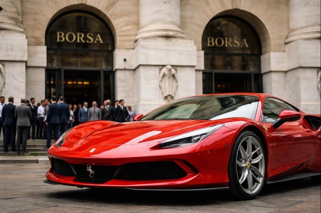 Una Ferrari davanti alla Borsa di Milano