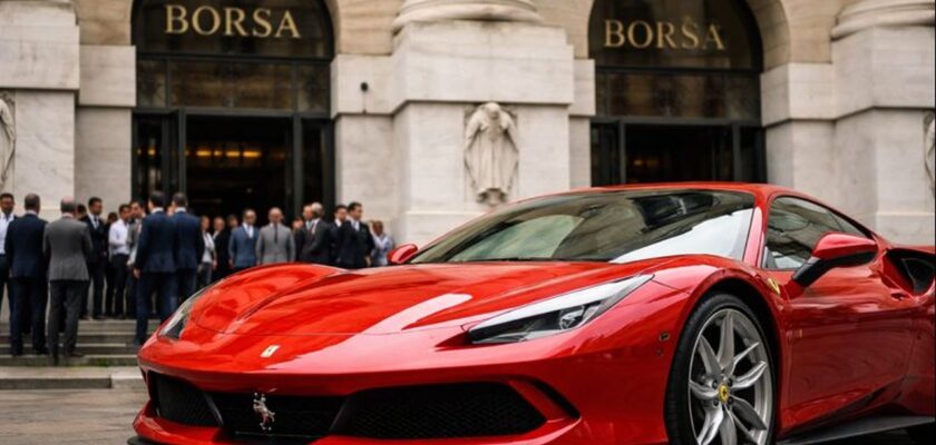 Una Ferrari davanti alla Borsa di Milano