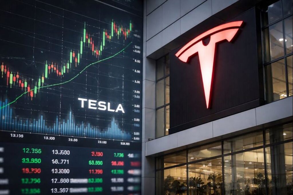 Logo Tesla sulla parete di un edificio e un grafico finanziario sullo sfondo con la scritta Tesla