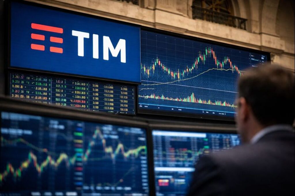 Logo TIM tra gli schermi con grafici finanziari in una sala di Borsa