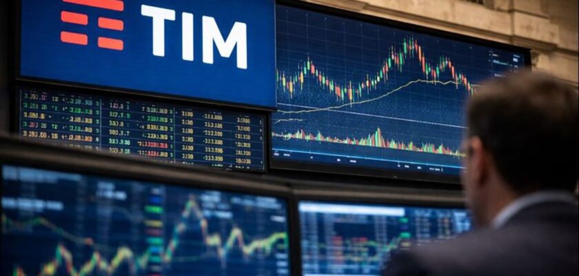 Logo TIM tra gli schermi con grafici finanziari in una sala di Borsa