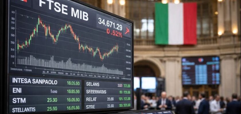 Un maxi schermo con la scritta FTSE Mib e un grafico finanziario. Sullo sfondo l'edificio della Borsa italiana con il tricolore appeso alle finestre