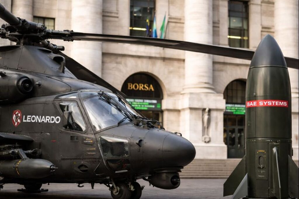 Un elicottero da guerra con il logo Leonardo e l'edificio della Borsa di Milano sullo sfondo