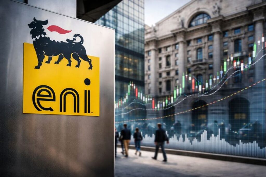 totem pubblicitario con logo Eni e l'edificio della Borsa di Milano con un grafico a candele in trasparenza