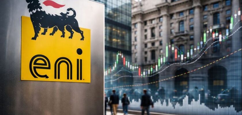 totem pubblicitario con logo Eni e l'edificio della Borsa di Milano con un grafico a candele in trasparenza